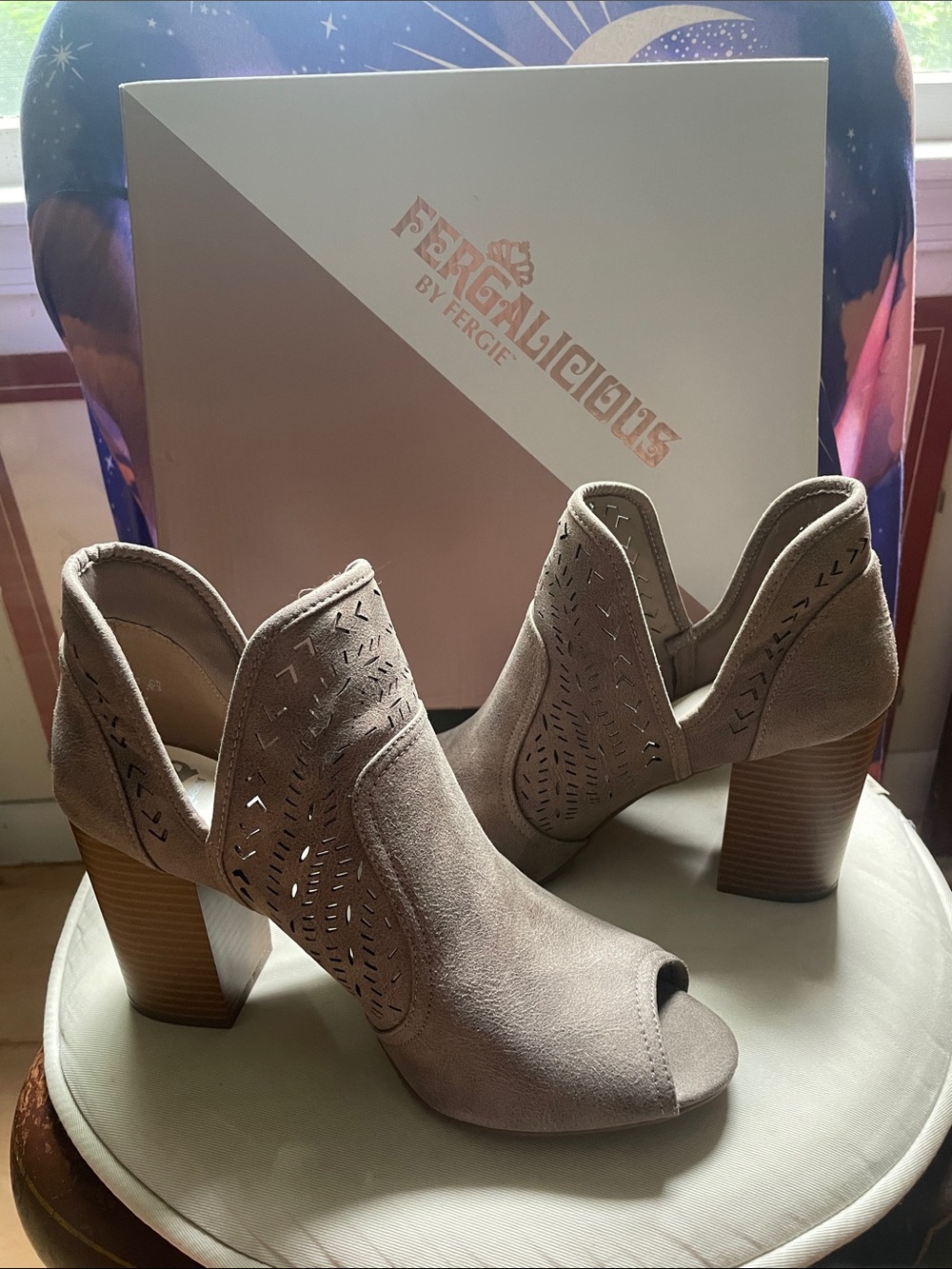 Fergalicious Taupe Cutout Suede Peep-Toe Block Heels
